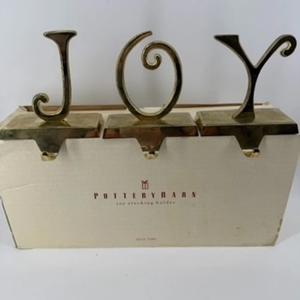 Pottery‎ Barn JOY Stocking Holder Set Gold Tone Metal Weighted Mantel Decor 3pc